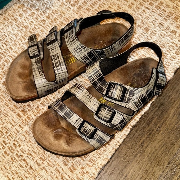 Papillo Birkenstock Gray Plaid Multi-Strap Buckle Sandals Size 7 Back strap - Picture 1 of 6